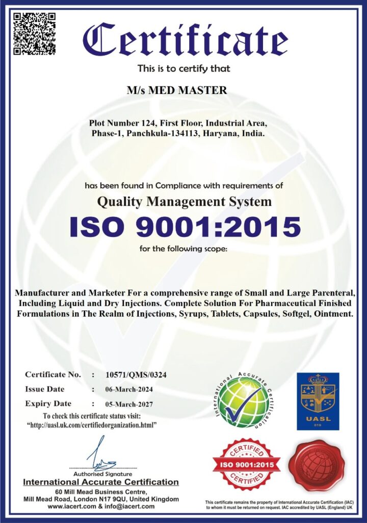 Medmaster ISO 9001:2015 Certificate image